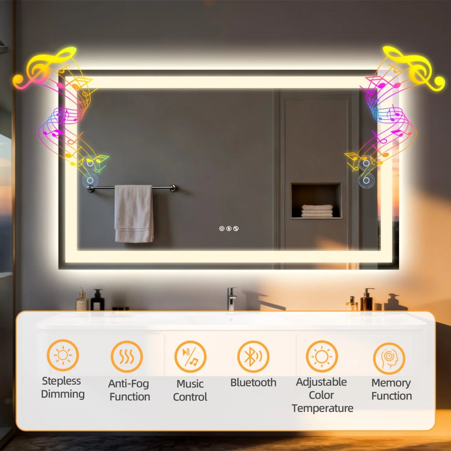 50/60/100/120cm LED Bathroom Mirror Built-in Bluetooth Speaker Waterproof
