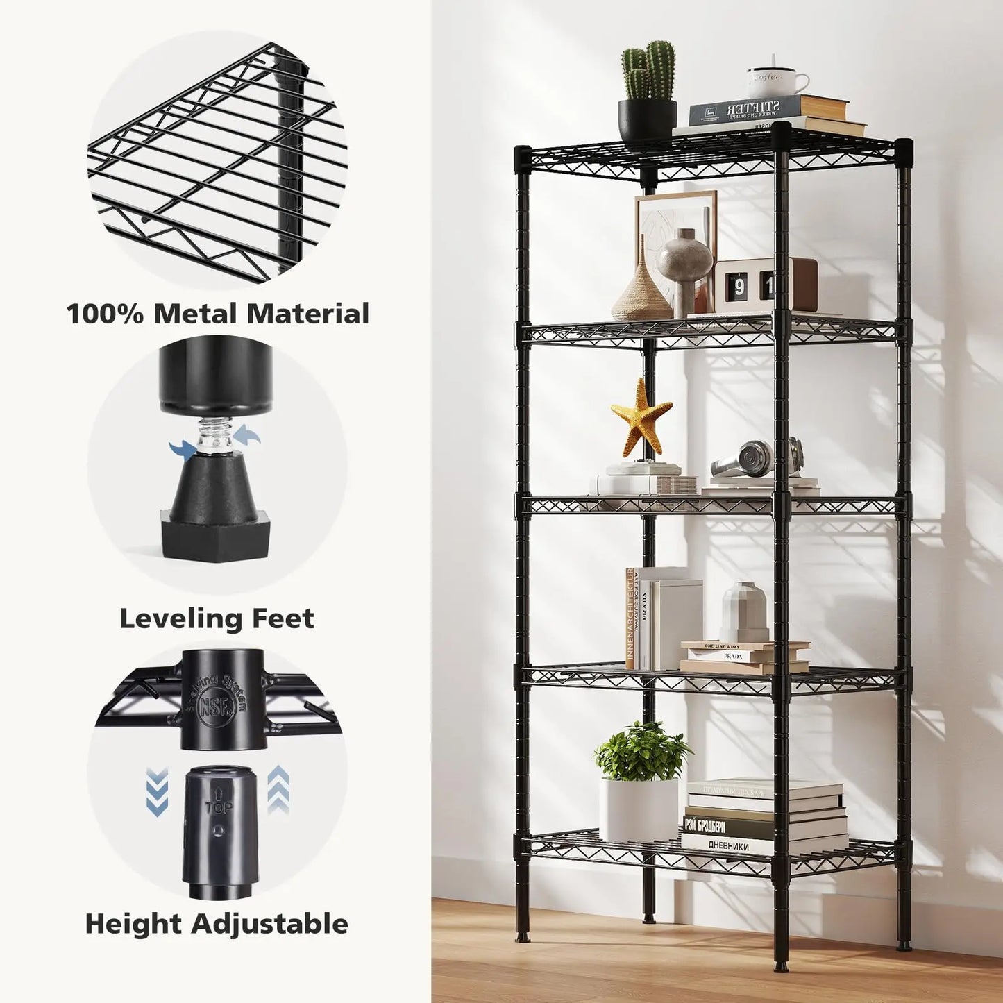 3-5 Tier Metal Wire Storage Shelves Adjustable Heavy Duty for Living Room and Kitchen