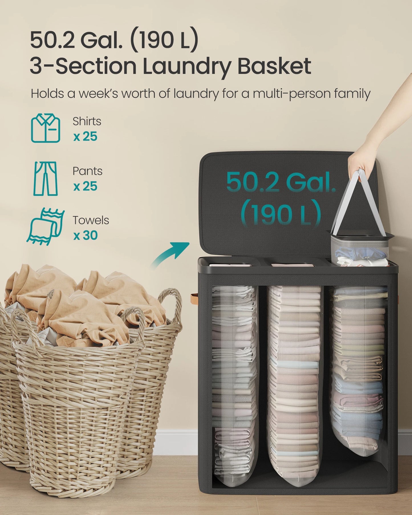 SONGMICS Laundry Basket, 50.2 Gal. Laundry Hamper, 3 Compartments, Easy Assembly, with Lid and Handles, Removable Liners, 25.2 x