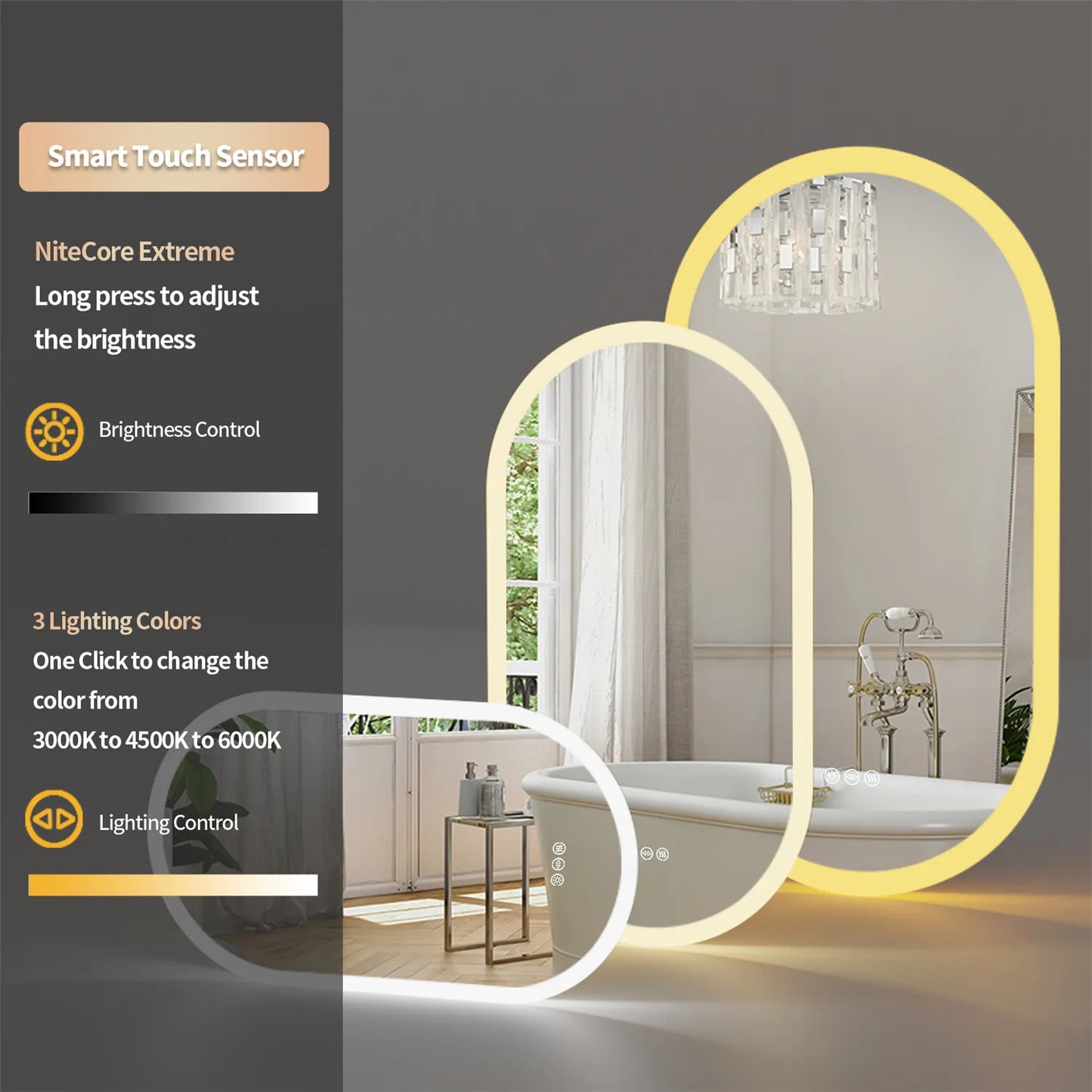 Backlit Smart LED Bathroom Mirror: Oval Dimmable 3 Colors Anti-Fog
