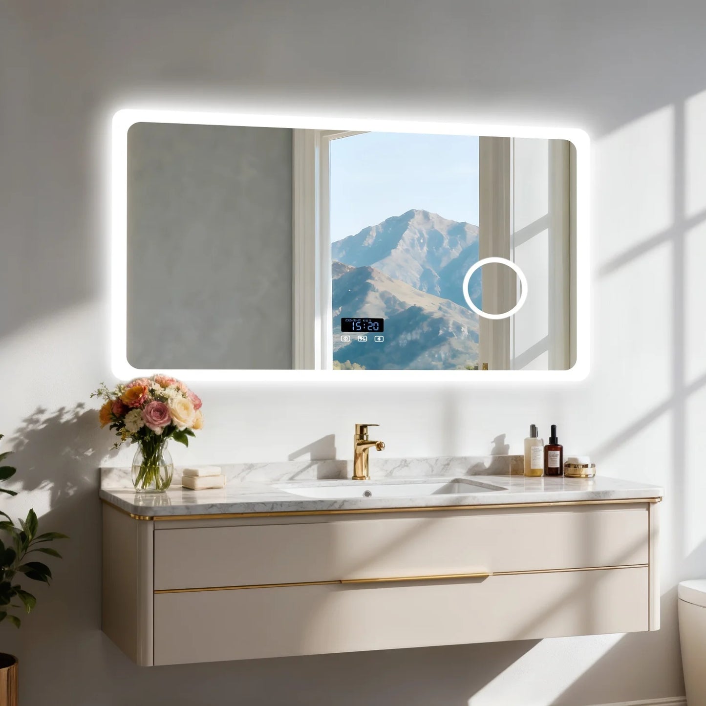 80/100/120/CM LED Bluetooth Bathroom Mirror Dimmable Backlit Vanity Mirror with 3X Magnifier and Screen Display