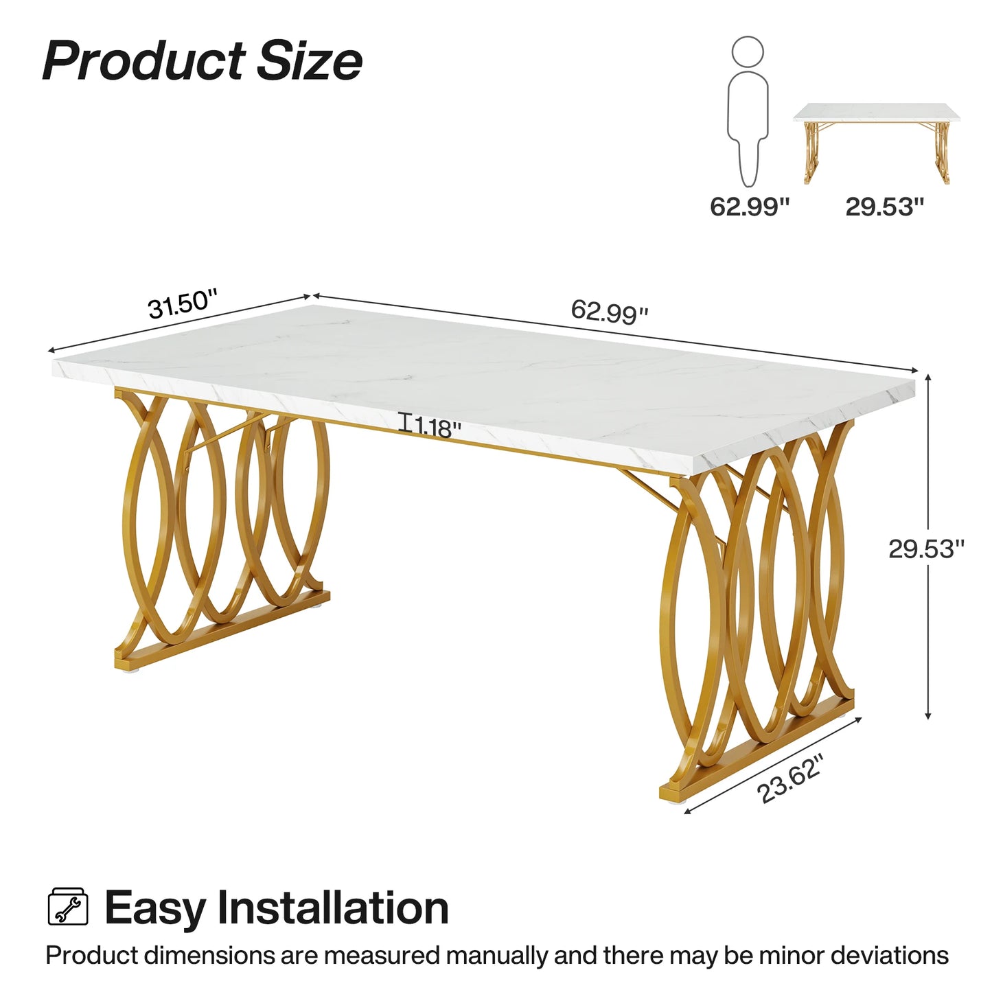 63-Inch Rectangular Dining Table with Faux Marble Table Top