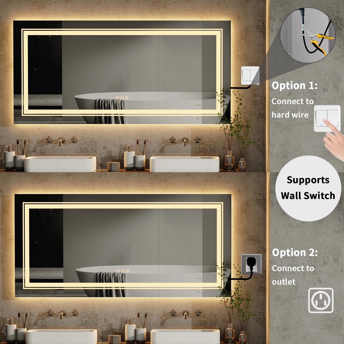 48"X24" LED Bathroom Mirror with Lights, Anti-Fog, Dimmable, Backlit + Front Lit,