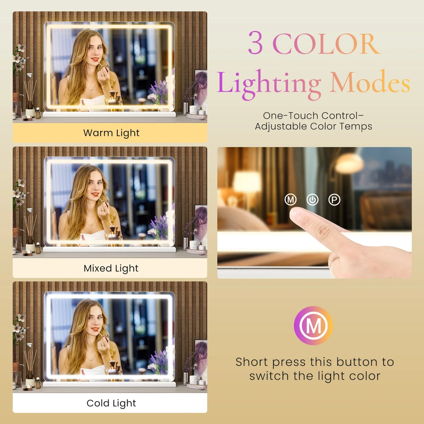 LED Vanity Mirror with  Dimmable 3 Color Lights