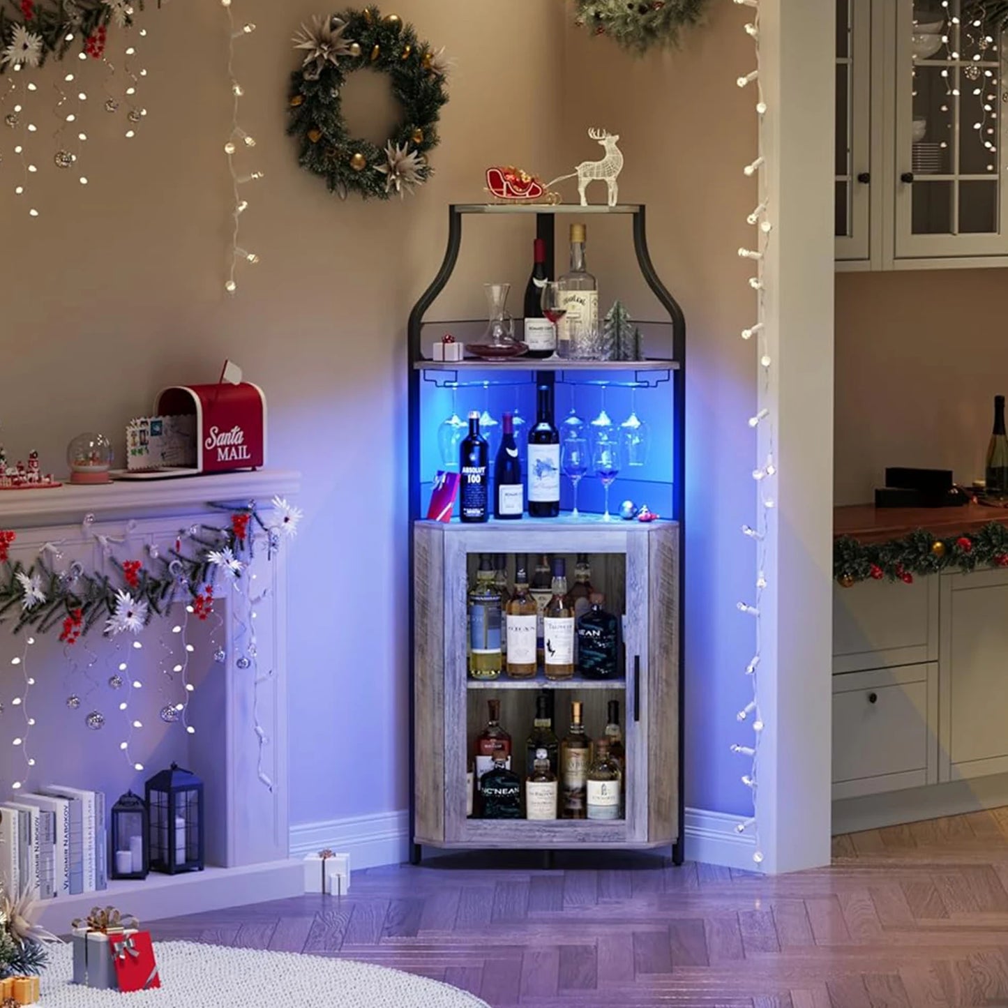 Corner Bar Cabinet Freestanding 5-Tier Wine & Spirits Rack with LED Lights Adjustable Shelves Glass Holder & Mesh Doors for Bar