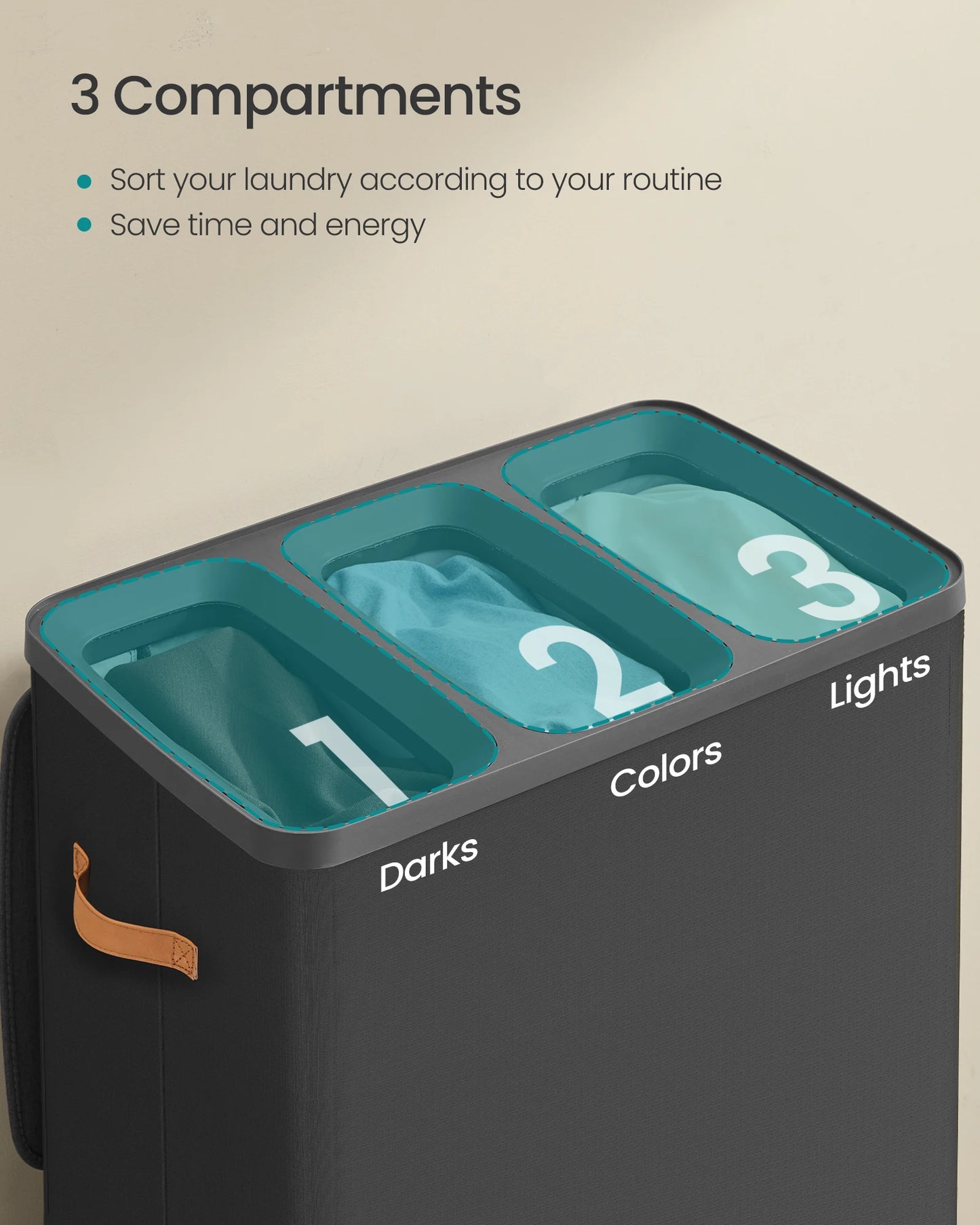 SONGMICS Laundry Basket, 50.2 Gal. Laundry Hamper, 3 Compartments, Easy Assembly, with Lid and Handles, Removable Liners, 25.2 x