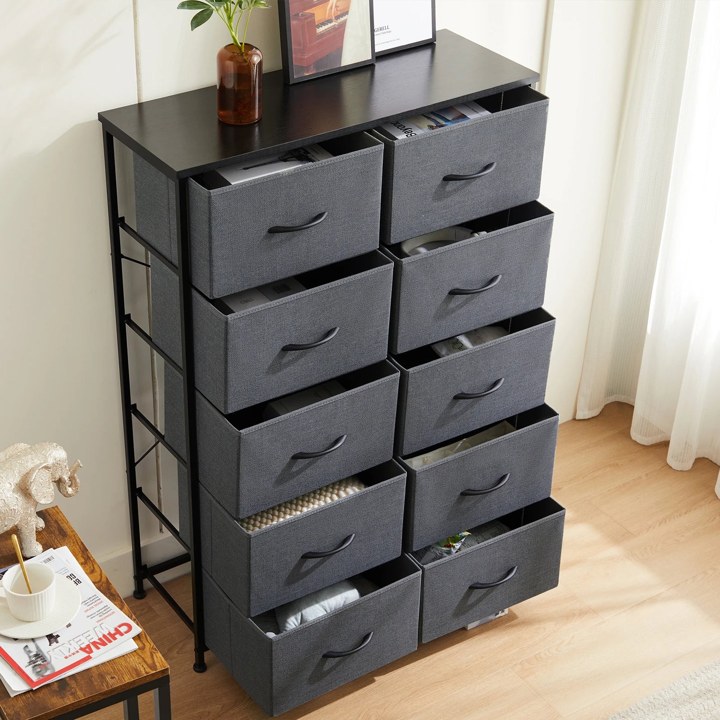 Bedside Table  With 10 Fabric Drawers Nightstand