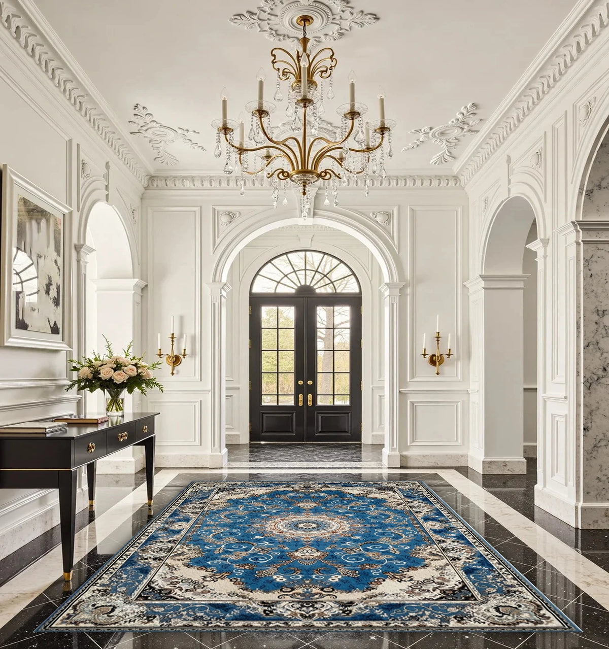 Classic Persian Medallion Area Rug Blue Ornate Vintage Non‑Slip Carpet