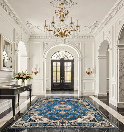 Classic Persian Medallion Area Rug Blue Ornate Vintage Non‑Slip Carpet