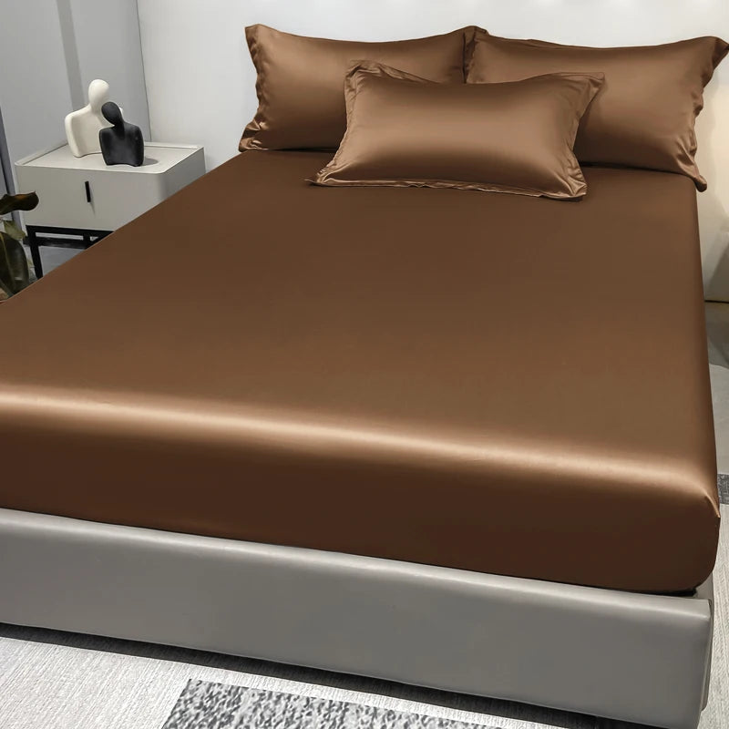 1 Simple Modern Satin Solid Color Fitted Sheet Ice Silk Bedspread