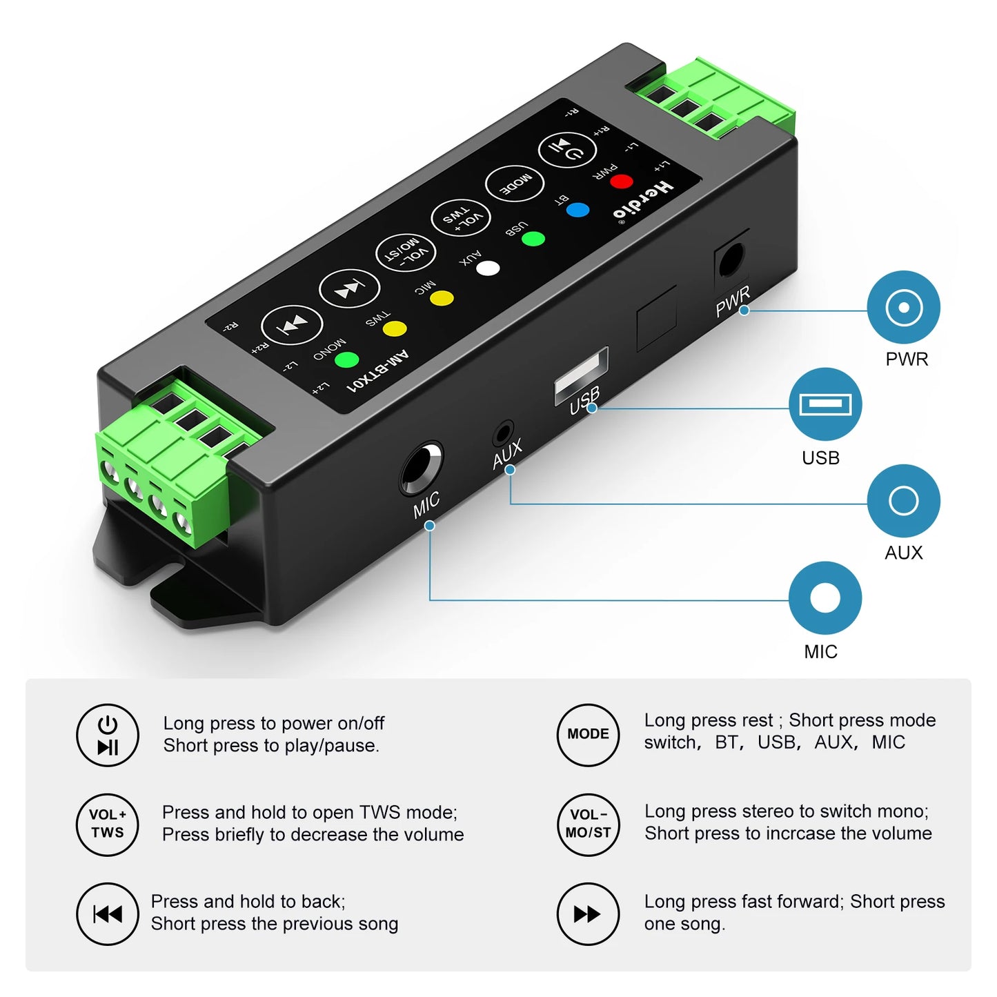 Herdio 4-Channel Bluetooth Amplifier 200W Power Output