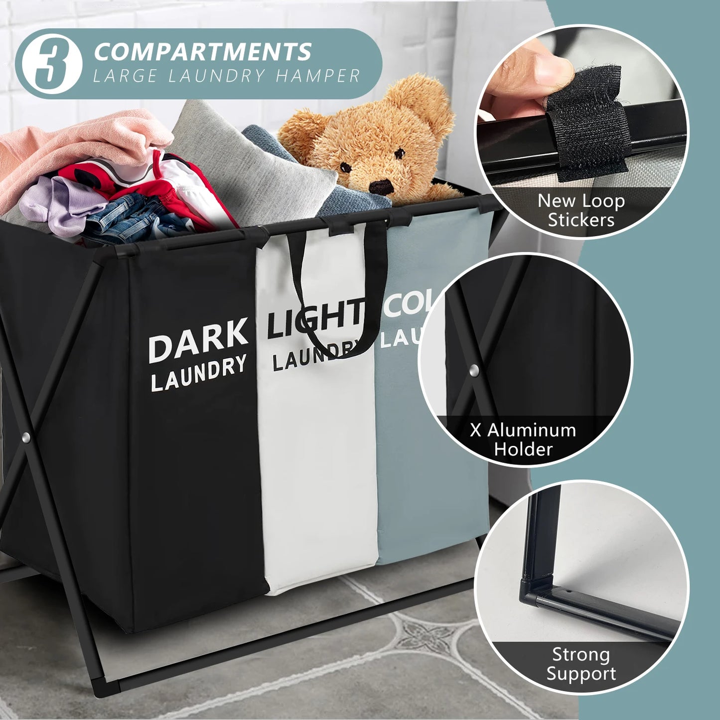 3 Sections Divided Laundry Basket Large Laundry Hamper Foldable Washing Bin Dirty Cloth Storage Bag Home Storage