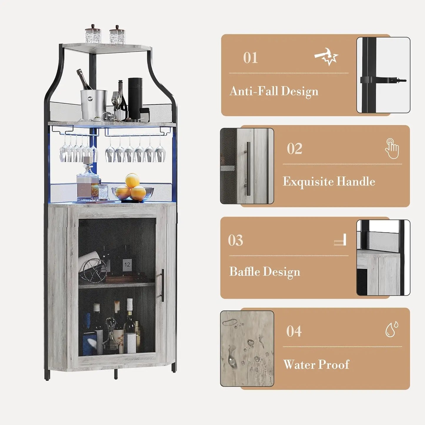 Corner Bar Cabinet Freestanding 5-Tier Wine & Spirits Rack with LED Lights Adjustable Shelves Glass Holder & Mesh Doors for Bar