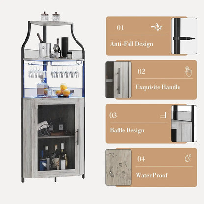 Corner Bar Cabinet Freestanding 5-Tier Wine & Spirits Rack with LED Lights Adjustable Shelves Glass Holder & Mesh Doors for Bar