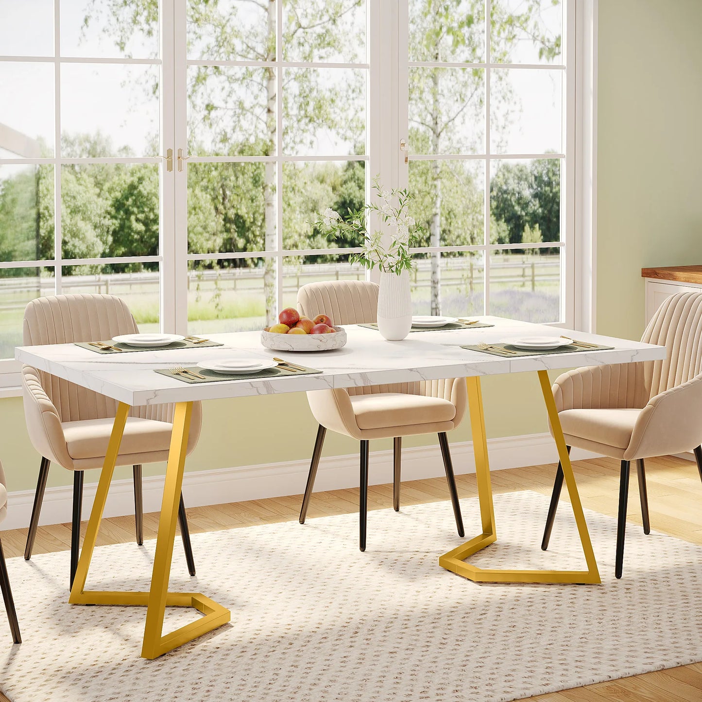 63-Inch Rectangular Dining Table with Faux Marble Table Top