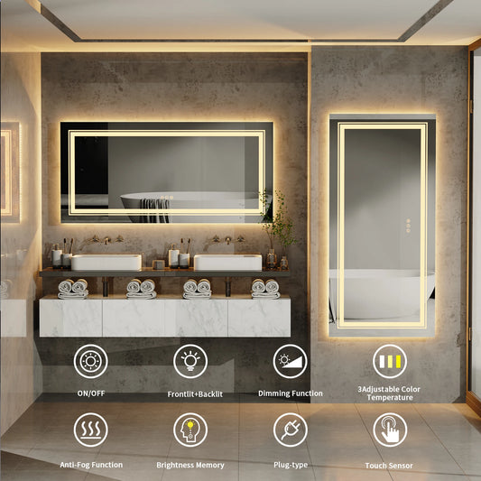 48"X24" LED Bathroom Mirror with Lights, Anti-Fog, Dimmable, Backlit + Front Lit,