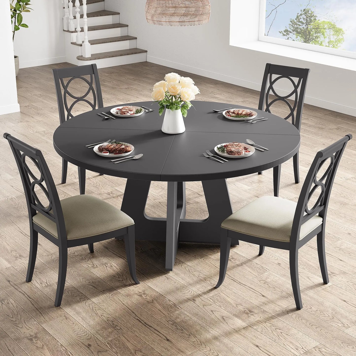 47-Inch Round Dining Table Large Wooden Kitchen Table For 4 to 6