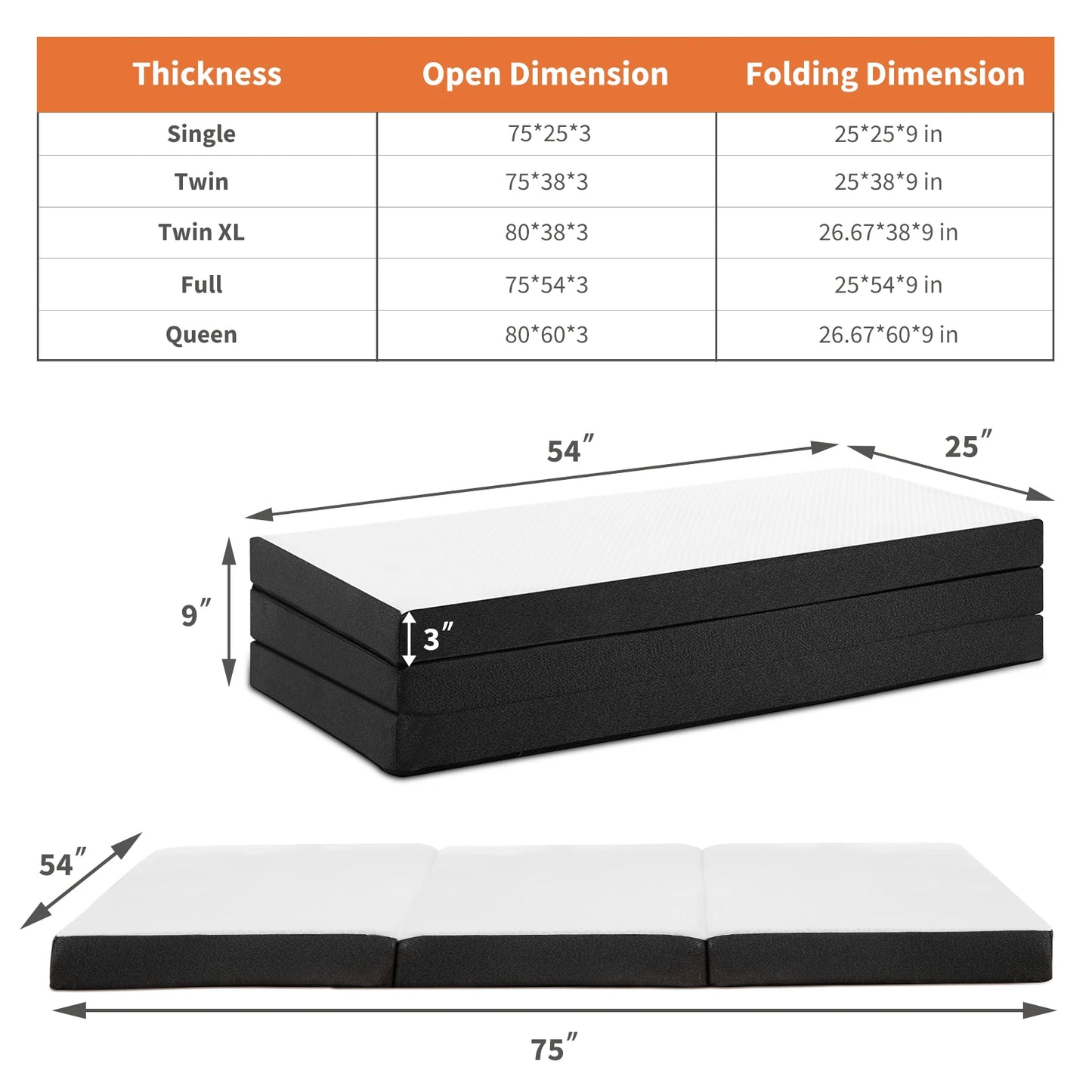Tri-Fold Memory Foam Mattress with Collapsible and Washable Cover