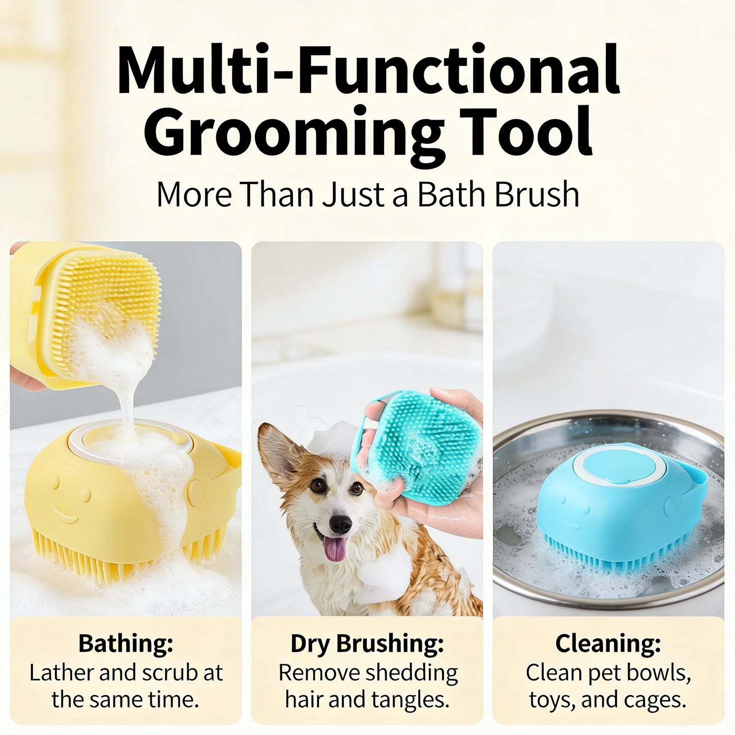 2-In-1 Pet Bath & Massage Brush With Shampoo Storage