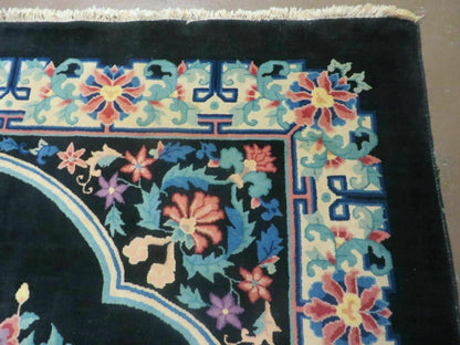 Black Chinese Wool Rug 8x10, Art Deco Floral Carpet, Soft Plush Pile