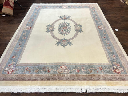 Chinese Carving Rug 8x10, Chinese Wool Carpet 8 x 10, Cream, 120 Line Rug, Vintage Handmade Art Deco Asian Oriental Rug, Aubusson Rug