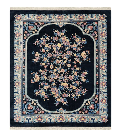 Black Chinese Wool Rug 8x10, Art Deco Floral Carpet, Soft Plush Pile