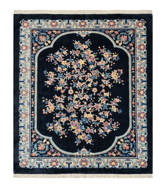 Black Chinese Wool Rug 8x10, Art Deco Floral Carpet, Soft Plush Pile