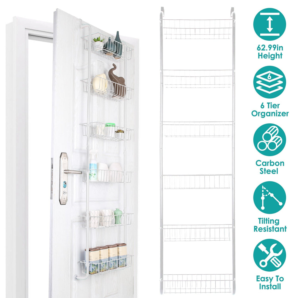 6 Tier Over Door Pantry Organizer Hanging Hooks Door Storage Rack Carbon Steel Basket 62.99in Over Door Shelf for Kitchen Bathroom