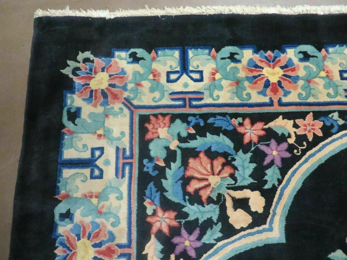 Black Chinese Wool Rug 8x10, Art Deco Floral Carpet, Soft Plush Pile