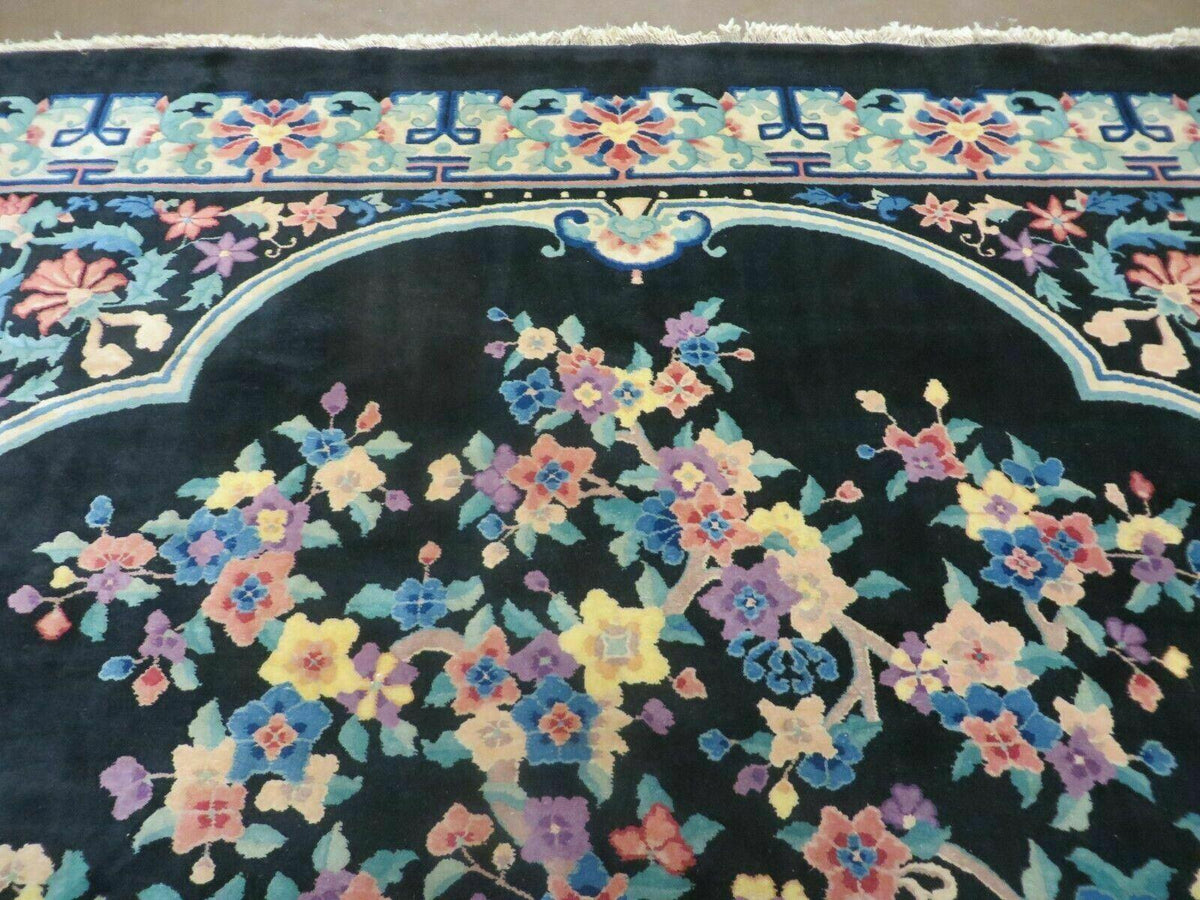 Black Chinese Wool Rug 8x10, Art Deco Floral Carpet, Soft Plush Pile