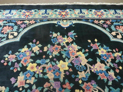 Black Chinese Wool Rug 8x10, Art Deco Floral Carpet, Soft Plush Pile