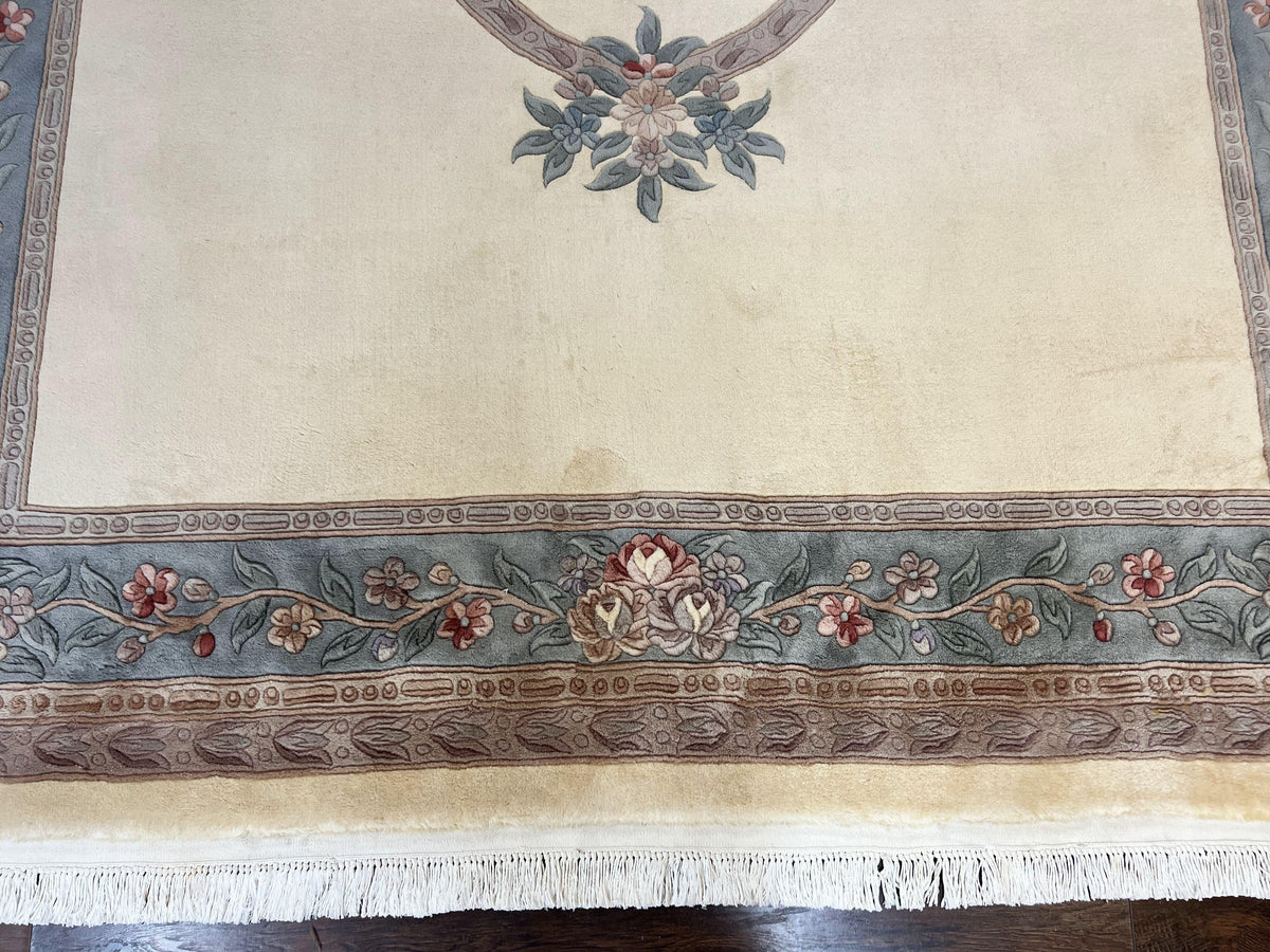 Chinese Carving Rug 8x10, Chinese Wool Carpet 8 x 10, Cream, 120 Line Rug, Vintage Handmade Art Deco Asian Oriental Rug, Aubusson Rug