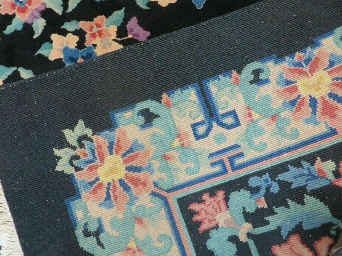 Black Chinese Wool Rug 8x10, Art Deco Floral Carpet, Soft Plush Pile