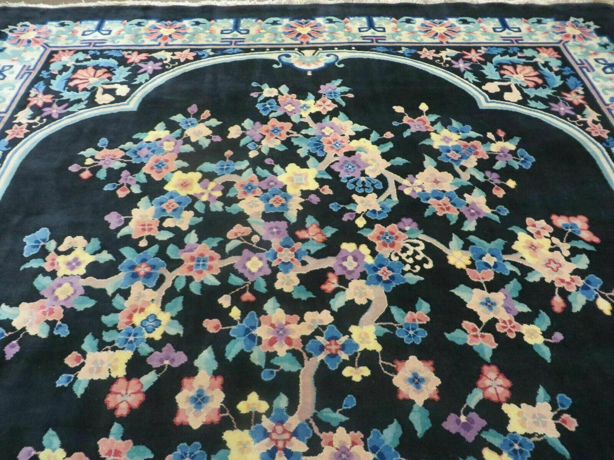 Black Chinese Wool Rug 8x10, Art Deco Floral Carpet, Soft Plush Pile