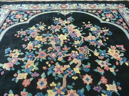 Black Chinese Wool Rug 8x10, Art Deco Floral Carpet, Soft Plush Pile