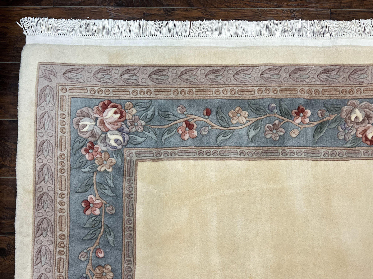Chinese Carving Rug 8x10, Chinese Wool Carpet 8 x 10, Cream, 120 Line Rug, Vintage Handmade Art Deco Asian Oriental Rug, Aubusson Rug