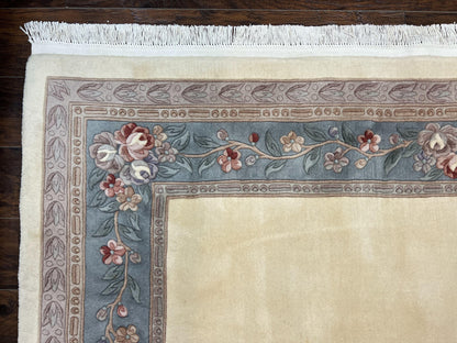 Chinese Carving Rug 8x10, Chinese Wool Carpet 8 x 10, Cream, 120 Line Rug, Vintage Handmade Art Deco Asian Oriental Rug, Aubusson Rug